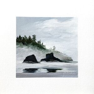 8x8 PNW Original Oil Painting Pacific Seascape Sea Stacks Foggy Beach Art Signed